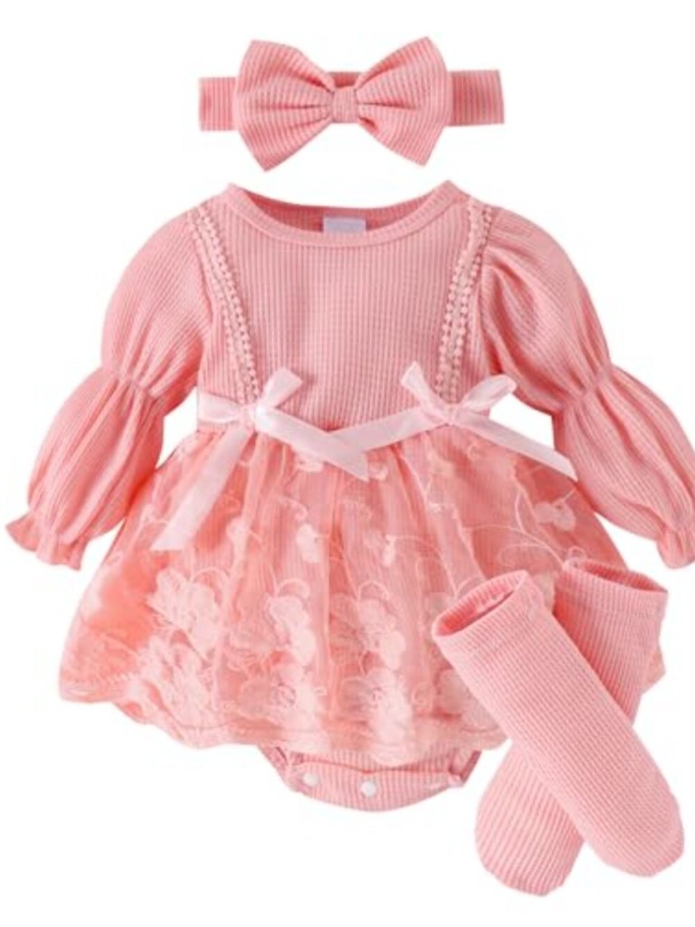 Toddler Girl Fall Romper Dress Set with Bow Headband and Stocking